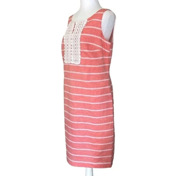 Talbots Coral Striped Sheath Dress Sz 10 Crochet Sleeveless Linen Cotton Blend‎ - Picture 3 of 9